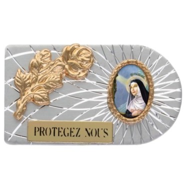 Plaque auto rectangle en aluminium strie, dimensions 2,4 x 4 cm, ornee d une rose. Differents Saints