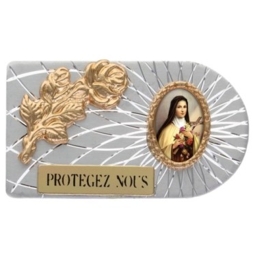 Plaque auto rectangle en aluminium strie, dimensions 2,4 x 4 cm, ornee d une rose. Differents Saints