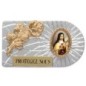 Plaque auto rectangle en aluminium strie, dimensions 2,4 x 4 cm, ornee d une rose. Differents Saints