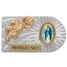 Plaque auto rectangle en aluminium strie, dimensions 2,4 x 4 cm, ornee d une rose. Differents Saints