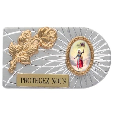 Plaque auto rectangle en aluminium strie, dimensions 2,4 x 4 cm, ornee d une rose. Differents Saints
