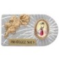 Plaque auto rectangle en aluminium strie, dimensions 2,4 x 4 cm, ornee d une rose. Differents Saints