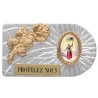 Plaque auto rectangle en aluminium strie, dimensions 2,4 x 4 cm, ornee d une rose. Differents Saints