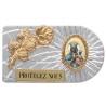 Plaque auto rectangle en aluminium strie, dimensions 2,4 x 4 cm, ornee d une rose. Differents Saints