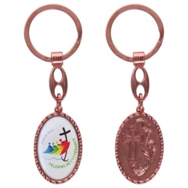 Porte-clés en aluminium de couleur cuivrée, hauteur 3,8 cm, avec résine. Disponible avec plusieurs saints au choix.