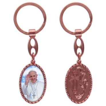 Porte-clés en aluminium de couleur cuivrée, hauteur 3,8 cm, avec résine. Disponible avec plusieurs saints au choix.