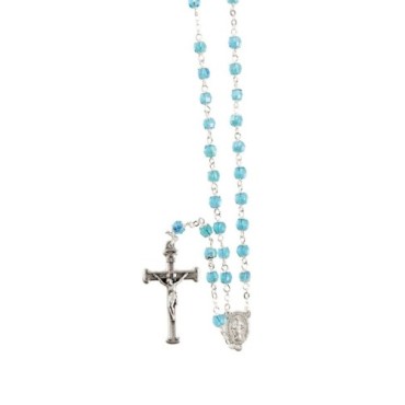 Chapelet grains semi-cristal avec coupelles argentee , Ø 4 mm sur chaine et croix avec Christ+boite.