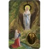 Carte priere plastifiee avec poincon dore imitation medaille H.8.5 x 5.4 cm, plusieurs saints.