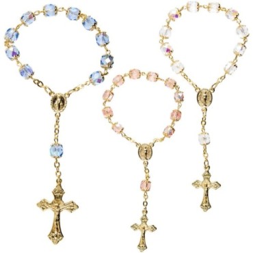 Dizainier sur chaine couleur doree grains semi cristal plusieurs couleurs Ø 7 mm, croix metal avec Christ.