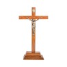Crucifix bois marron vernis avec Christ métal bronzé sur socle