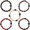 Bracelet sur elastique grains en bois et pierre de lave Ø 8 mm avec croix en pierre. LOT DE 5 ASSORTIS.
