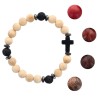 Bracelet sur elastique grains en bois et pierre de lave Ø 8 mm avec croix en pierre. LOT DE 5 ASSORTIS.