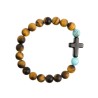 Bracelet sur elastique en pierre naturelle œil de tigre mat et turquoise synthetique Ø 7 mm avec croix.
