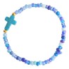 Bracelet enfant sur elastique grains en turquoise synthetique et en verre Ø 4 mm, avec croix. LOT DE 6 ASSORTIS.